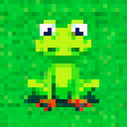 Bright green frog, rendered in pixel art with atransparent background for a badge design. Keep the size within 256x256 pixels.