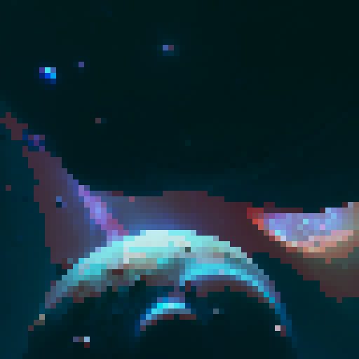 "Chromatic planet with rippling auroras, surrounded by tiny moons that spark like fireflies in the deep space abyss, rendered in a whimsical, painterly style."