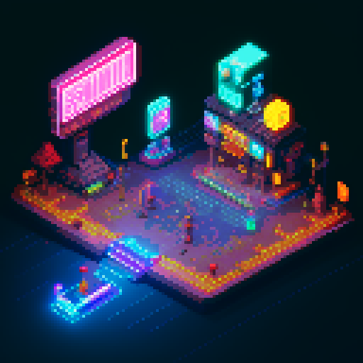 Isometric 2D cyberpunk street scene, vibrant neon lights, futuristic storefronts with glowing neon signs, reflective wet pavement, cybernetic-enhanced pedestrians, high-tech vehicles, mage girl floating in center, serene pose, fusion of mage robes and cyberpunk aesthetics with glowing runes, mystical aura amidst technology, focus on dynamic lighting and detailed environment