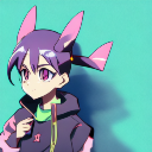 Bunny, big-eyed and kawaii, brandishing a sleek and shiny handgun, set against a vibrant, color-saturated anime background.