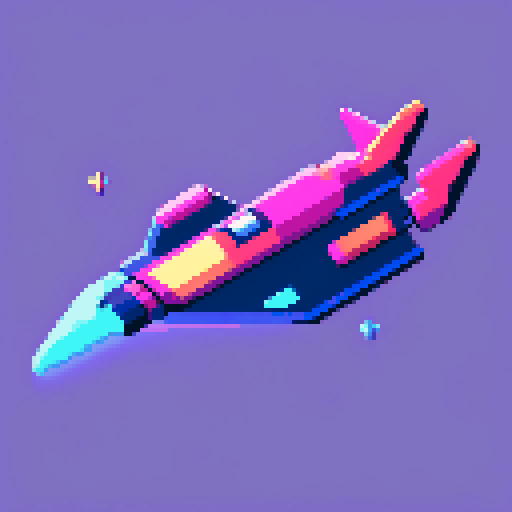 space ship, retro, vibrant colors, blocky pixels, glowing exhaust, starry background, sci-fi aesthetic, sRGB color palette, angular design, pixelated stars, neon lights