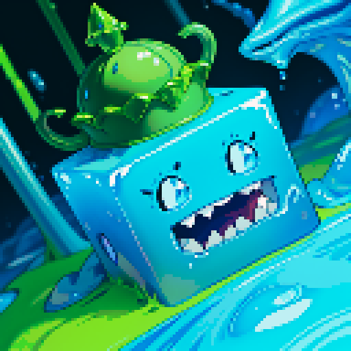 Blue Slime cube, Gelatinous cube, wearing crown, giant Slime, boss fight