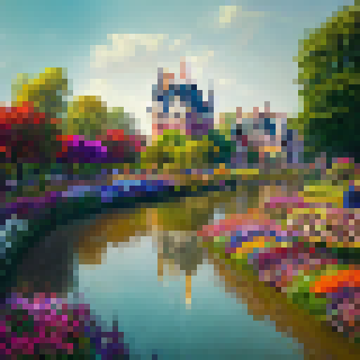 Create a pixel art of Kasteel Keukenhof, featuring vibrant tulip gardens, a flowing river nearby, a moat with a drawbridge, and a clear blue sky overhead.