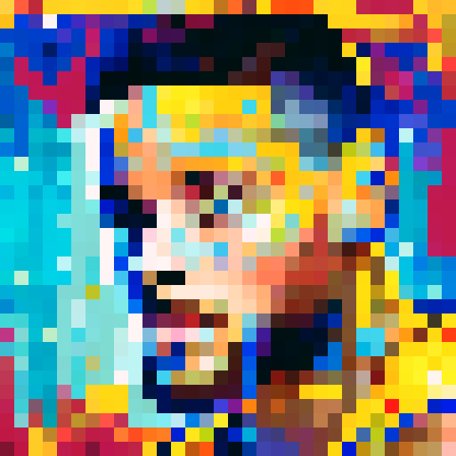 Stephen Curry, the game icon of the Golden State Warriors, stands tall in a skill art close-up portrait, pixelated in 32x32 sRGB with his signature lightning-quick moves and deadly accurate shots.