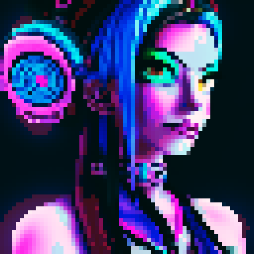 Jinx from league of legends, pixelated cyberpunk colors