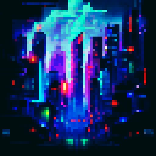 Towering skyscrapers with pulsing neon lights, reflecting off the slick pavement of a bustling, futuristic metropolis at night, all rendered in crisp pixel art with a detailed sRGB background