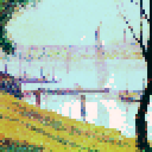 Mimic Georges Seurat’s pointillist technique by translating the details of the image into small, evenly spaced pixels with soft, blended colors. Focus on subtle, muted tones to evoke Seurat’s impressionist style, creating a calm and serene atmosphere. Ensure that the pixelated image reflects the original composition but maintains the abstract, dotted feel of pointillism, while avoiding vivid or harsh colors, opting instead for smooth, harmonious transitions between shades.