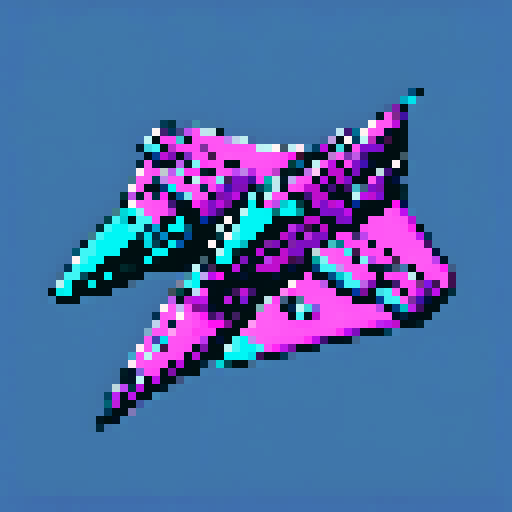 16-bit pixel art spaceship, small blocky silver hull with a few rust spots, glowing cyan engines at the back, flying fast left-to-right with a long, thin cyan-magenta hyperspace trail streaming behind, simple black starry background, SNES retro style, 64x64px grid, limited 8-color palette, sharp pixel edges, minimal detail

