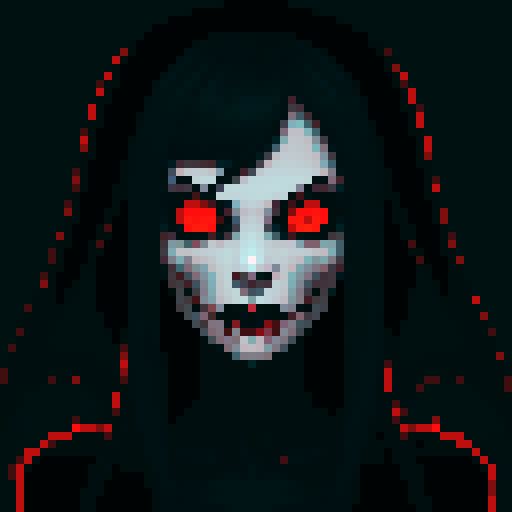 ghoul icon, vampiric style, pixel art, sRGB, hauntingly glowing eyes, pale skin, sharp fangs, blood-red lips, menacing aura, eerie atmosphere, gothic details