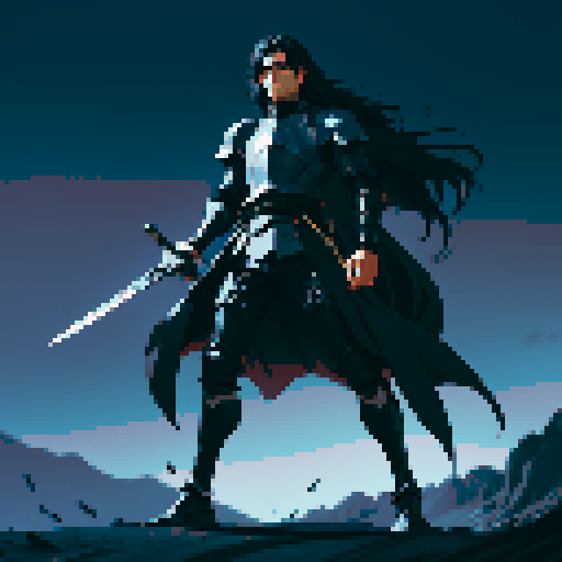 full-body image, male knight, man in black armor, giant sword, long black hair, sexy, male dark knight, giant sword, huge long sword, long hair