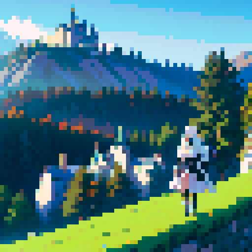 Knight sleeping under a tree while a castle sits in the background. Snow-capped hills. All rendered in a vibrant clear art style.
