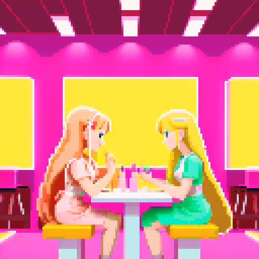 A nail tech with long blonde hair wearing a pink apron and a girl with brown hair sitting and facing each other in a nail salon. Nail polish bottles and UV lamps