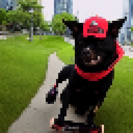 I want a dog on a skateboard. The dog's wearing a red t-shirt.
