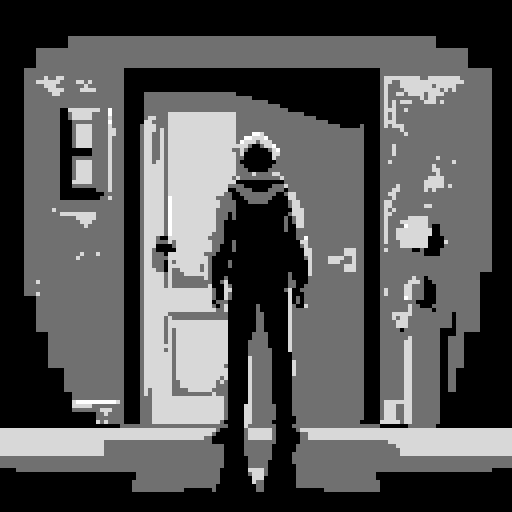 dark standing figure infront of door, vibrant colors, pixelated details, glowing door, luminous aura