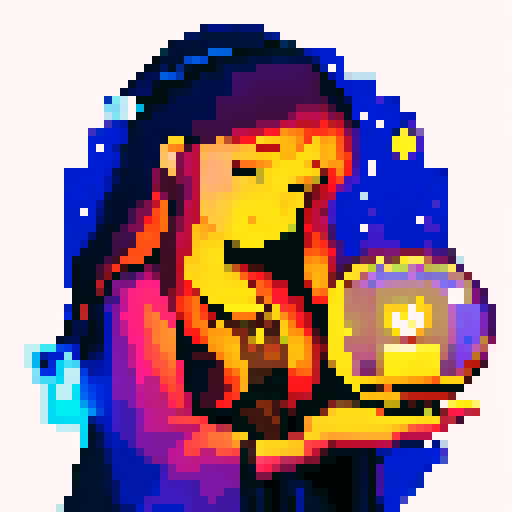 Pixel art illustration of a charming young witch with a boho vibe, reading a crystal ball, viewed from the client's perspective, mystical atmosphere with candles and stars.