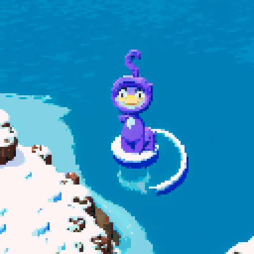 Large purple smiling loch ness dinosaur, frozen lake, winter, monkey on top