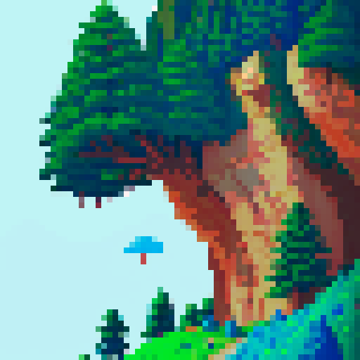 nature setting cliff on the left side that takes up just a little bit of the screen but make it tall and you can see the top of the cliff. Background blue sky and on the right but some tall pine trees
