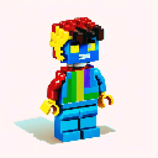 rainbow color lego pixel, vibrant colors, blocky shapes, small plastic bricks, isometric perspective, retro video game, low resolution, 8-bit graphics, sharp edges, square grid, limited color palette, nostalgic feel, brick-built characters, iconic lego logo, digital recreation, detailed textures, crisp lines, simplified forms, nostalgic gaming vibes