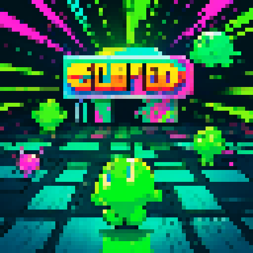 pixel art, sRGB, floor covered in neon green goo, colorful blobs oozing from the cracks, retro arcade game characters trying to avoid the sticky mess, vibrant glowing trails left behind by the goo, 8-bit style pixelation highlighting the slimy texture