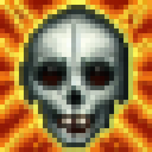 "Create a hauntingly detailed 24x24 game icon of a skull, featuring piercing red eyes and executed in skillful 32x32 pixel art style, to be rendered in sRGB color space and presented in an intimate close-up portrait."