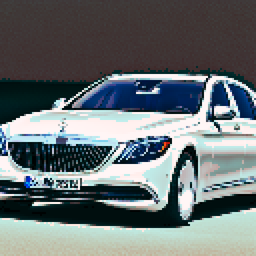 Photorealistic whole Mercedes-Benz Maybach, three-quarter view, right front wheel, clean background, sRGB colors, pixel art style
