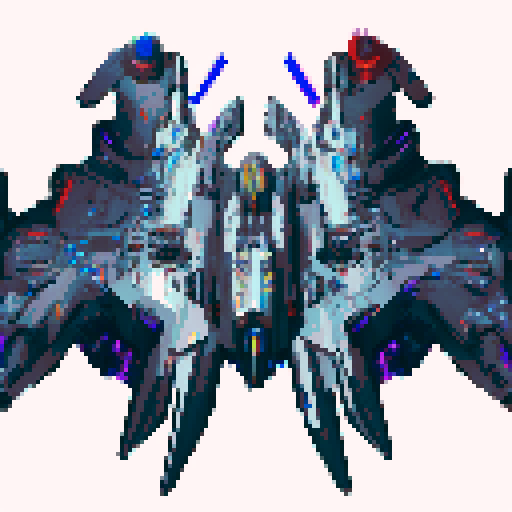 sleek and angular space battleship, glowing blue propulsion engines, futuristic design, metallic hull with rivets, pixelated details, vibrant colors, starry background, shooting laser beams, intense action, dynamic composition, pixel art
