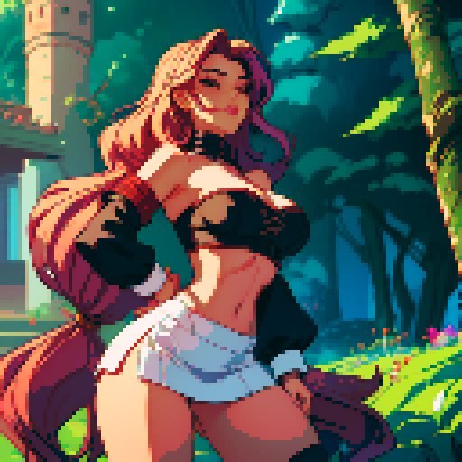 A seductive, curvaceous woman with flowing hair, skillfully pleasuring a throbbing member, in a pixelated, sRGB art style