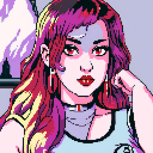 Thicc, busty greaser goth girl, long purple hair, eyeliner, red lipstick,  studded collar, up close face portrait, vibrant sega genesis palette, pixel art portrait,edgy aesthetic 