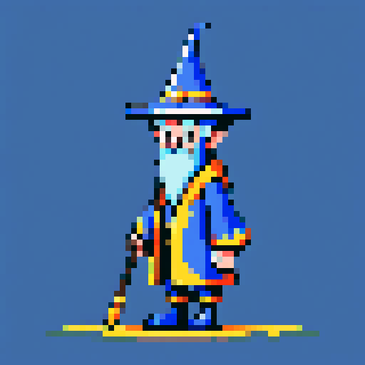 Create a pixel art character of a whimsical wizard
. The wizard should wear a blue robe covered with yellow stars and a matching pointy hat. He should have a playful grin