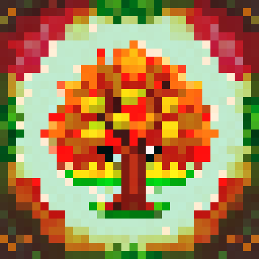 Colorful tree, vibrant leaves, intricate branches, 32x32 pixel style, with a whimsical twist, for a badge in a video game, capturing the essence of nature in pixel art, sRGB