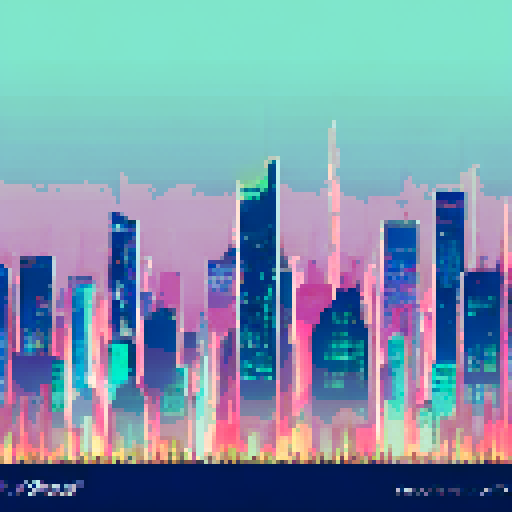 distant city lights twinkling in the night, towering skyscrapers against a starry sky, forested cliffside framing the scene, pixelated art style creating a vibrant sRGB background