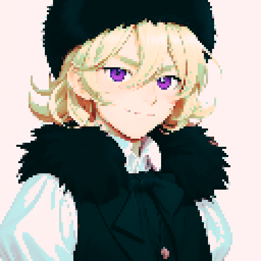 visual novel sprite,  solo male, straight-on, inframe, facing viewer, perfect anatomy, looking at viewer, round pupils, best quality, very aesthetic, {{{{{blonde eyelashes}}}}}, light blonde, smile, closed mouth, light pink eyes, tareme, hair between eyes, ushanka hat, black fur collar, visual novel sprite, black vest, puffy sleeves, black elbow gloves, solo male, sadistic, inframe, round eye, full body, big hair, short hair, cute style 