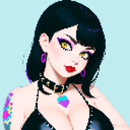Cat girl, curvy, cute goth woman with black hair, purple eyeshadow, and red lipstick, wearing a bikini, studded collar, portrait, face avatar, in a glamour shot, sRGB color