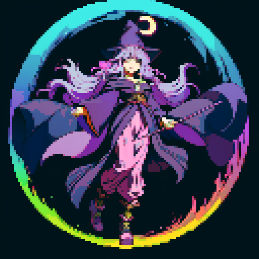 full-body art, witch, with a giant witch hat, vibrant purple robes, long flowing hair, holding a glowing crystal ball, surrounded by swirling colorful magic, casting spells in a mystical forest, with a crescent moon shining above, pixelated style with detailed shading