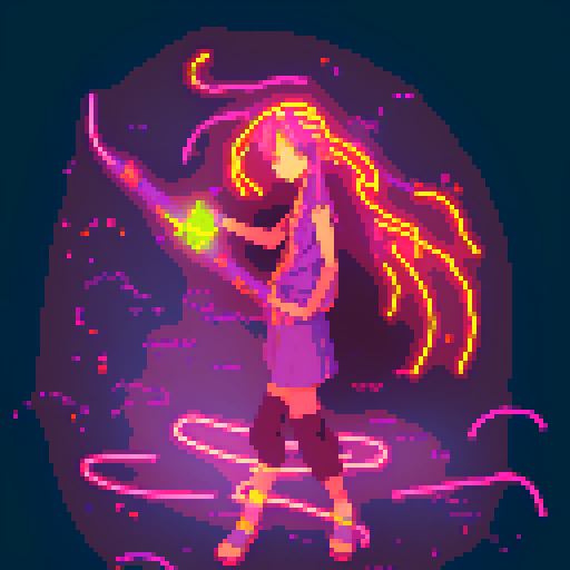 Mage anime girl, flowing hair, fluorescent tattoos, glowing staff, purple neon-lit night market, pixel art