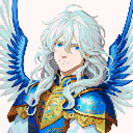 handsome angel with flowing golden hair, vibrant blue eyes, and feathery white wings, clad in intricately designed armor.