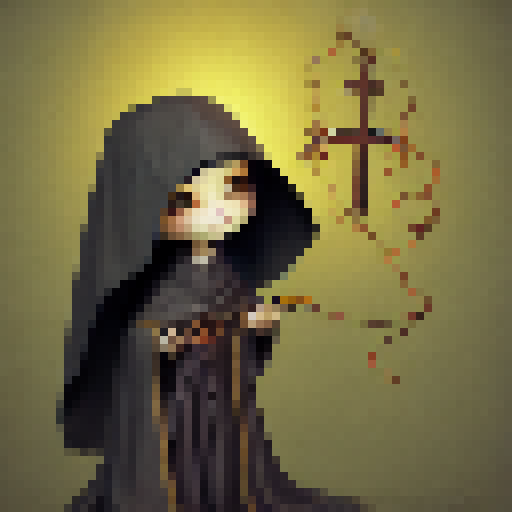 Chibi nun with holy staff surrounded by glowing runes, banishing demon with a spell in whimsical Fantasy RPG style.