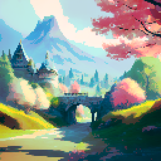 mountain view with vibrant fall leaves, majestic castle in the distance, serene blue sky adorned with soft pink clouds, and a captivating sunset, all beautifully captured in a landscape portrait style