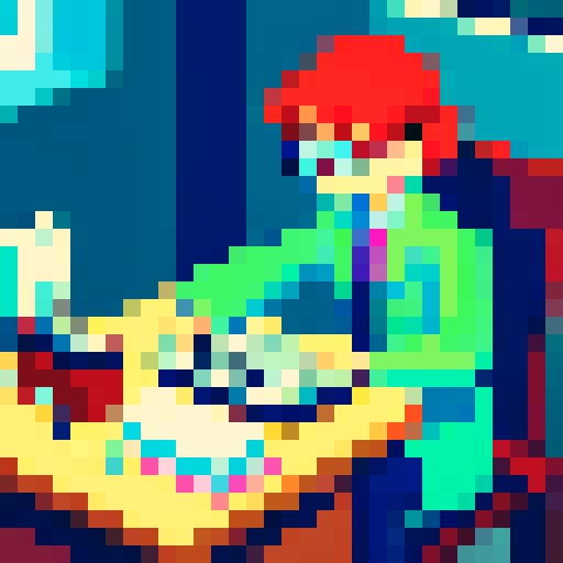 scientist, desk, typewriter, pixel art, sRGB, focused, lab coat, table, desk 