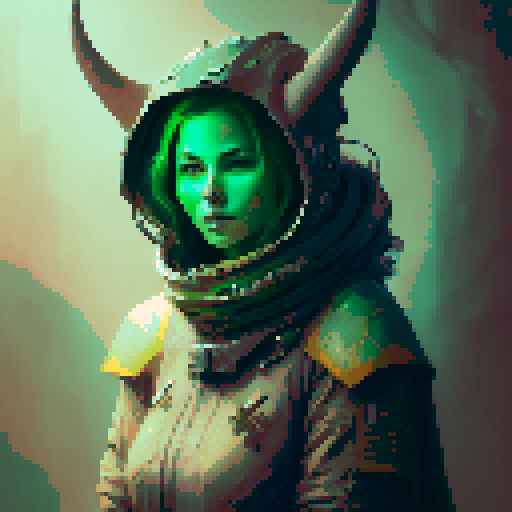 Huntress with old green cape, wood horns and bow
