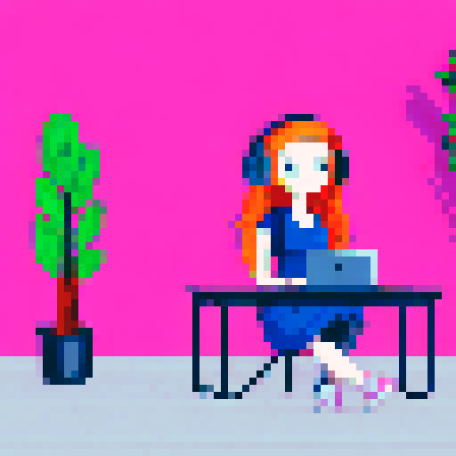 cute, curly redhead with green eyes, smiling, cleavage, head phones, pink and black dress, sitting at gaming desk, detailed pixel art, wide shot, in a room with plants and stuffed animals behind her, paintings on the wall, sRGB
