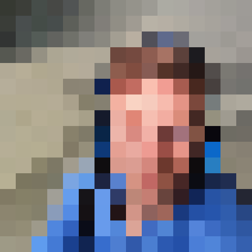 A portrait of a guy with blue eyes, a blue headphones and short white hair, background is sky blue