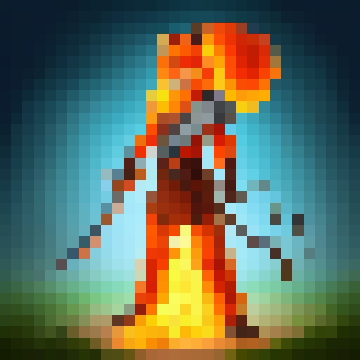 Orange fox warrior with a fiery mane, wielding a glowing sword, no background.  32x32 sprite. 