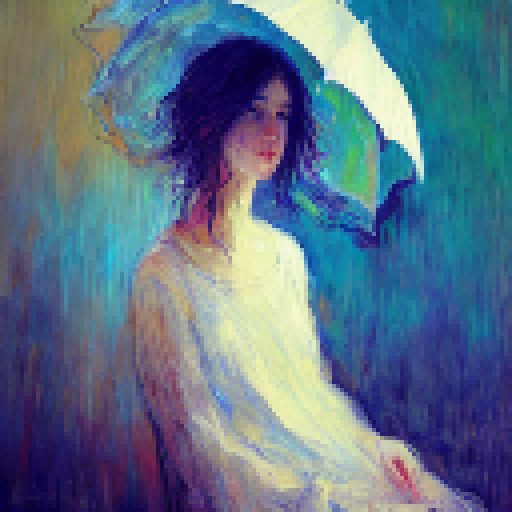 abstract concept art, art nouveau,impressionism,illustrious ,rainyday,umbrella 18 yo girl looking wet flower,black hair