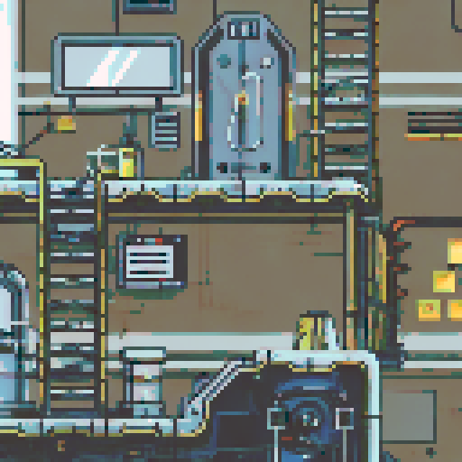 Dilapidated machinery, sparks flying, smog-filled air, towering metal structures, cracked concrete floors, flickering neon lights, rusted conveyor belts, broken windows, shattered glass, discarded robot parts, overgrown vines, eerie shadows, abandoned control panels