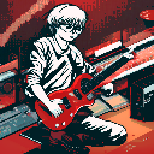 Logo avatar of PetrusDeGrudencz, new electronic music maker and ai designer, sitting boy with guitar with reds in background