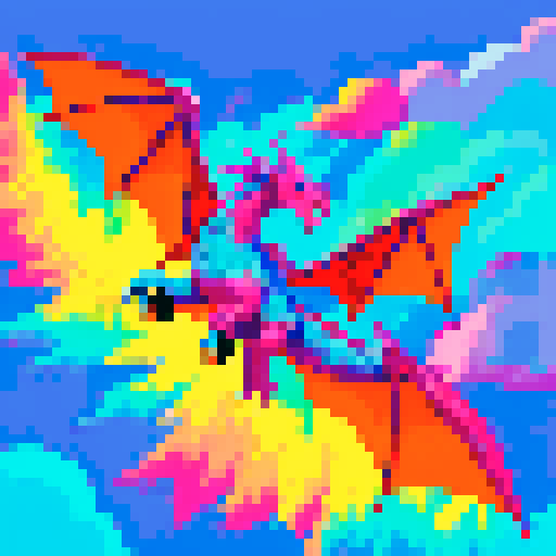 Dragon rider soaring through a vibrant, pixelated sky, with scales shimmering in a rainbow of sRGB colors