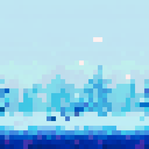 Winter landscape, snow-covered trees, bright and moody sky, pixel art style, sRGB color space, afternoon setting, scenic background, serene landscape