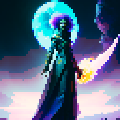 create a lightning element heavenly wizard with a sapphire inspired color palette casting a revival spell. use the colors blue, yellow, black, white and orange. No purple or pink. I need the wizard to look very intimidating.