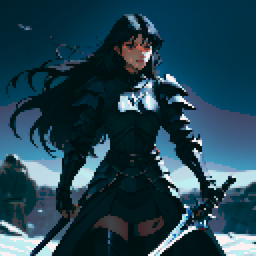 male, black armor, giant sword, long black hair, sexy, dark knight